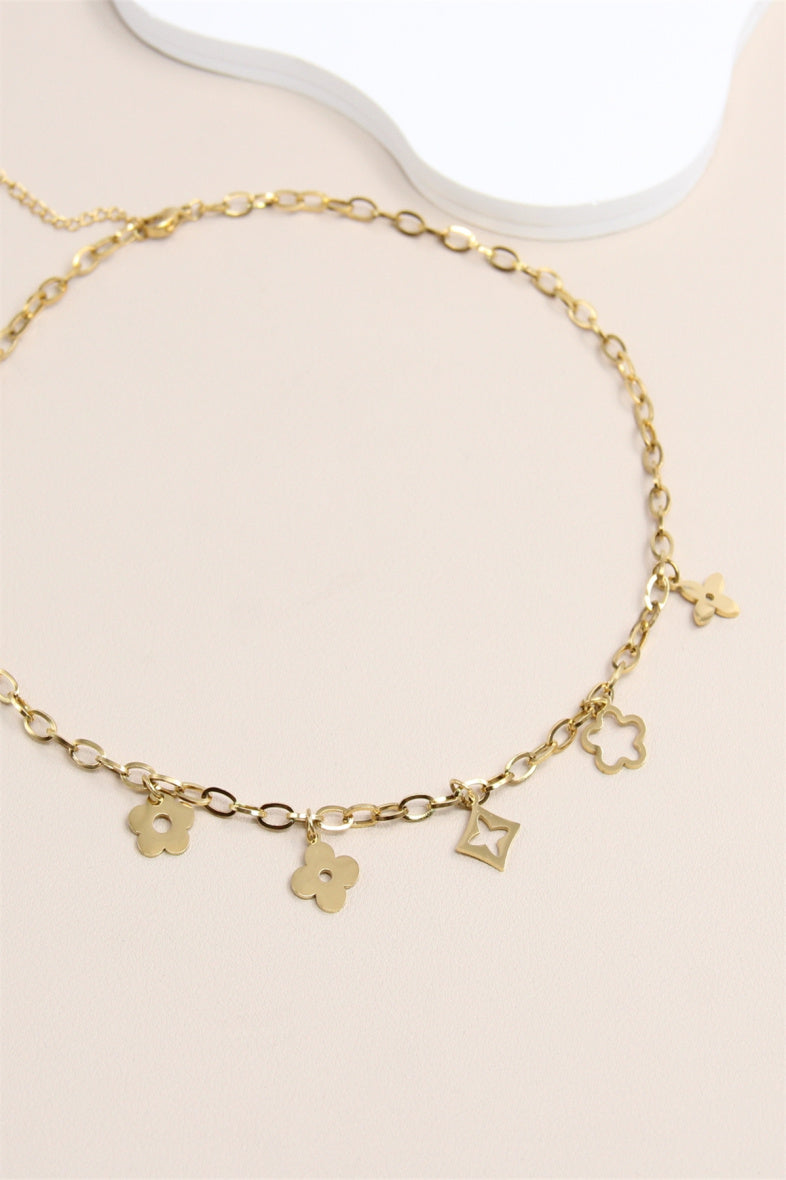 Collier doré à charms trèfle et fleur – Acier inoxydable
