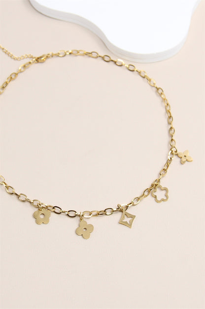 Collier doré à charms trèfle et fleur – Acier inoxydable