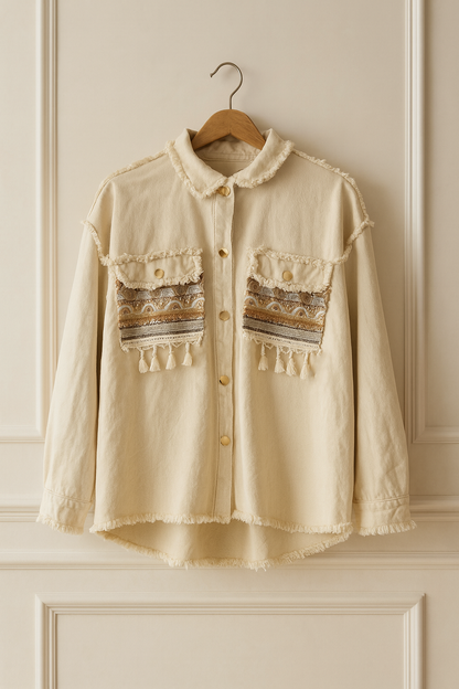 Chemise femme  brodée kaki-  Bohème chic