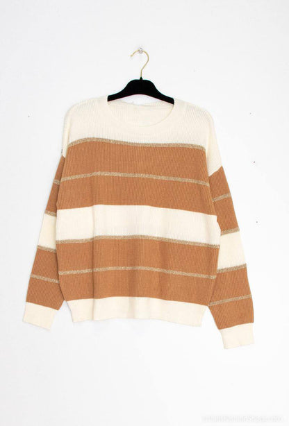 Pull en maille à rayures – Beige, caramel & doré