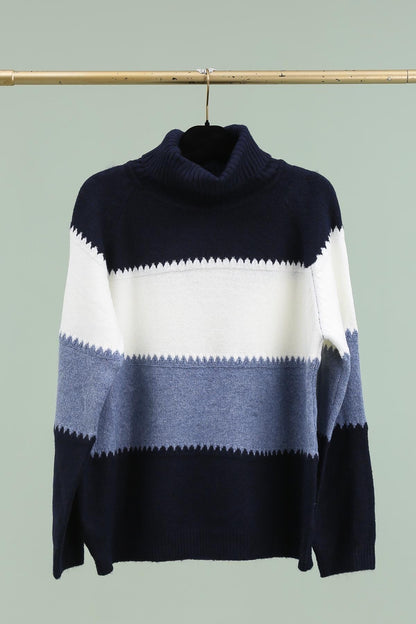Pull col roulé à rayures contrastées – Marine, blanc & bleu