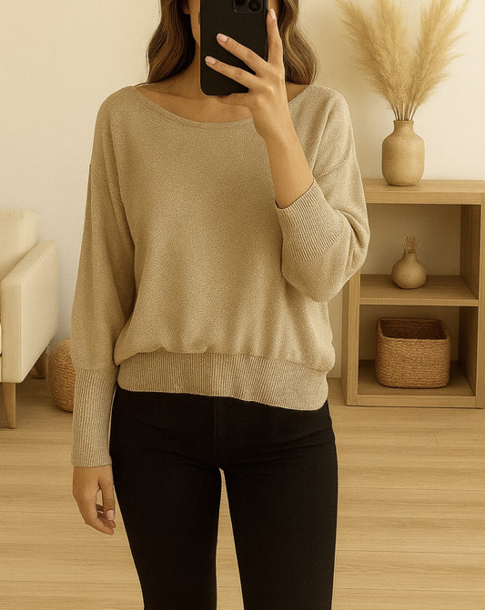 Pull brillant oversize léger  – Kaki ou Beige doré